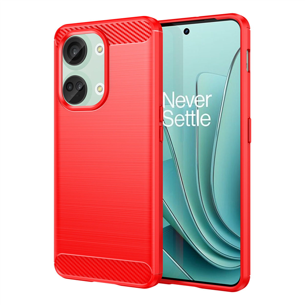 Rode telefoonhoes met telefoon. De hoes heeft een carbonfiber-achtige textuur aan de achterkant.