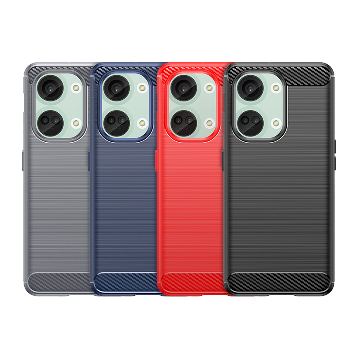 Vier telefoonhoesjes in grijs, blauw, rood en zwart. Elk heeft camera-uitsparingen en koolstofvezel details.