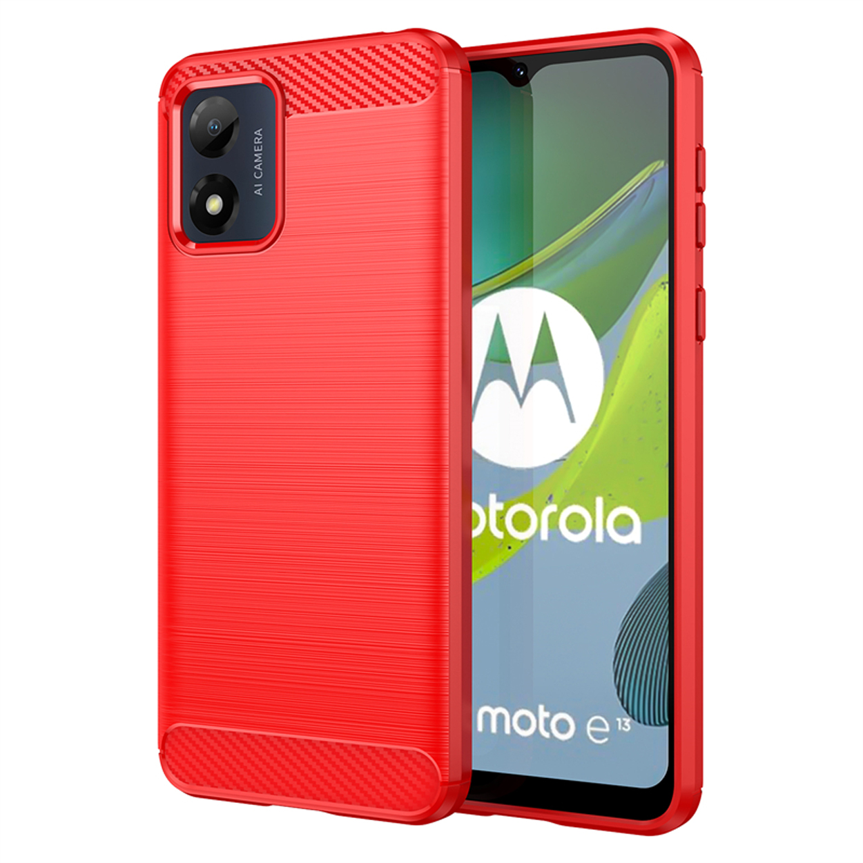 Coque de téléphone rouge avec dos texturé. Un téléphone est à droite, affichant son écran.