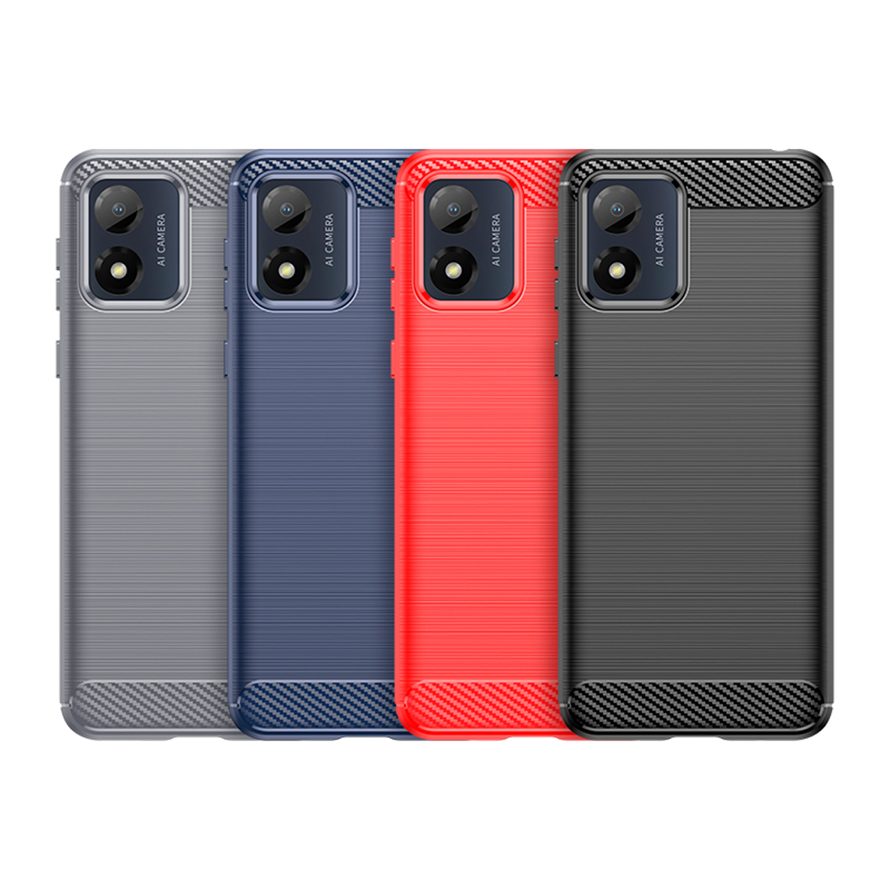 Quatre coques de téléphone de couleurs différentes : gris, bleu, rouge et noir.