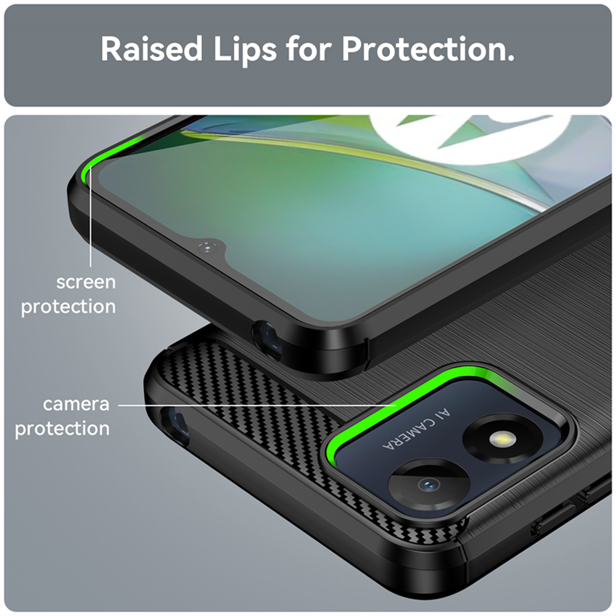 Gros plan d'une coque noire montrant la protection d'écran et de caméra avec des accents verts.