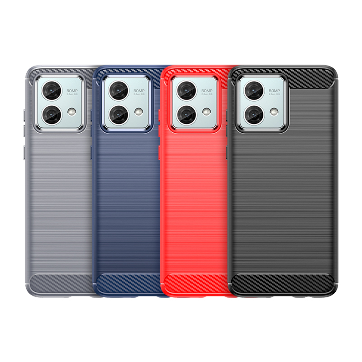 Vier telefoonhoesjes op een rij, met verschillende kleuren en texturen. Elk heeft een camera.