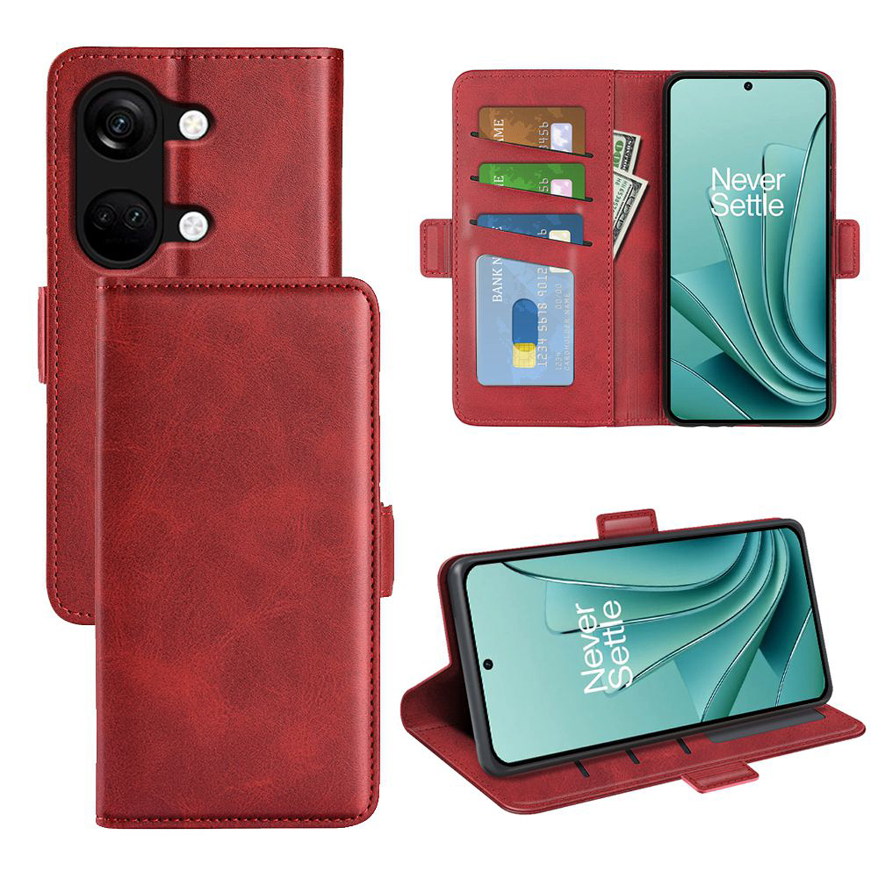 Étui de téléphone rouge, ouvert. Montre un téléphone, des cartes et de l'argent liquide dans les compartiments du portefeuille.