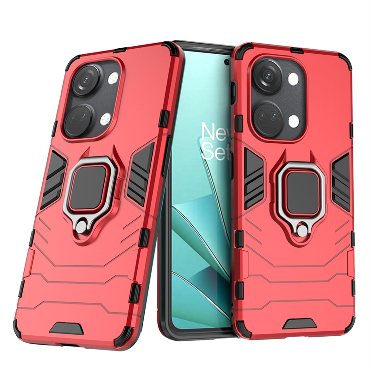 Coque de téléphone rouge avec un support d'anneau. Deux coques de téléphone. Téléphone au milieu.