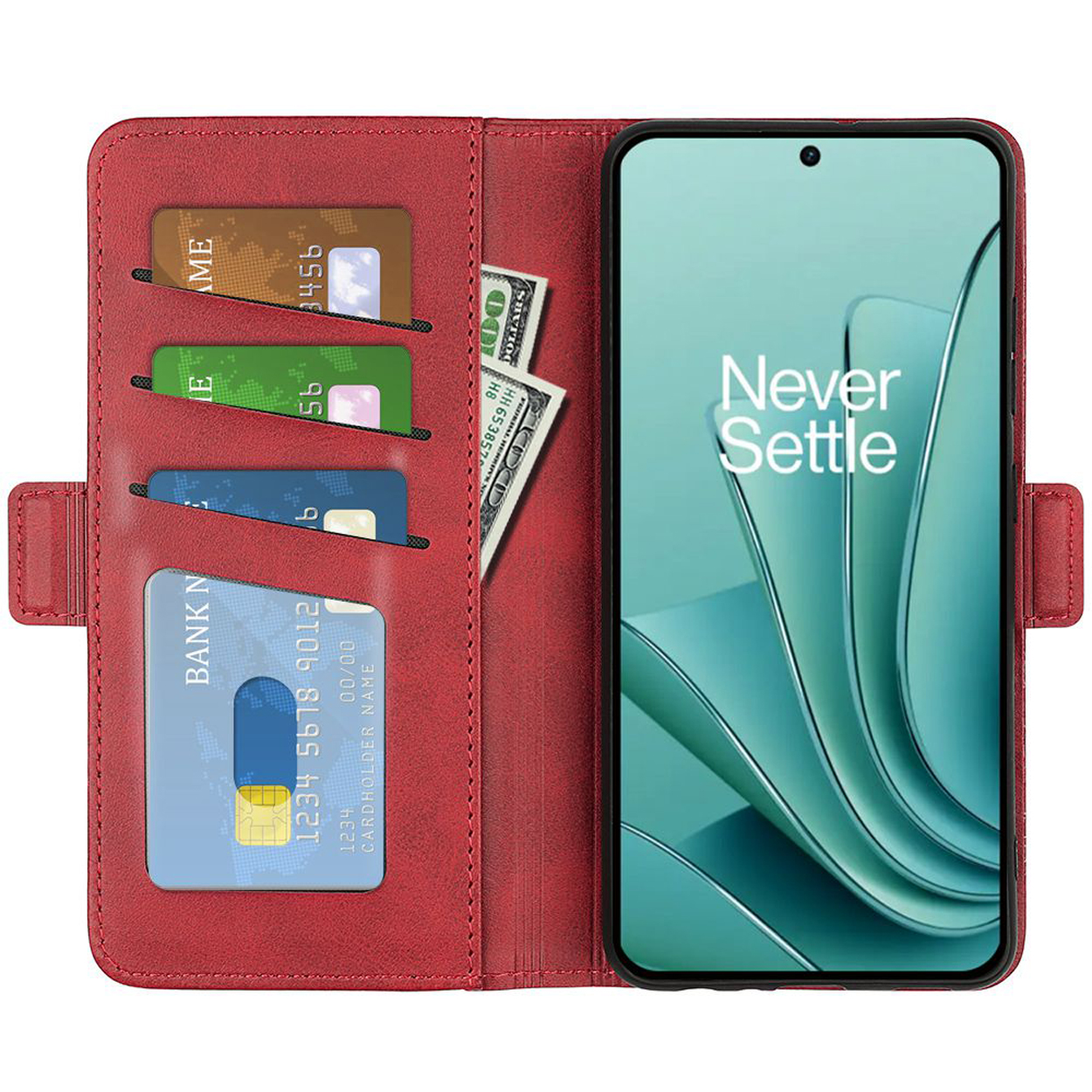 Un étui de téléphone rouge avec cartes de crédit, argent liquide et un téléphone affichant un paysage. Fond blanc.