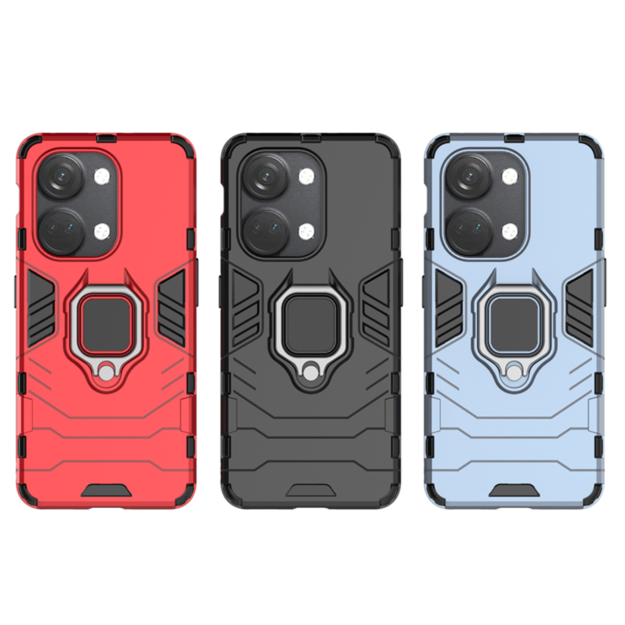 Drie telefoonhoesjes in rood, zwart en blauw met ringhouders. Geïsoleerd op wit.