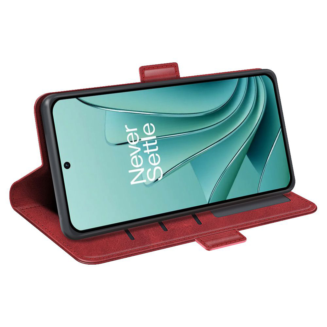 Étui de téléphone rouge avec téléphone affichant un graphique vert. L'étui est ouvert, le téléphone incliné. Fond blanc.