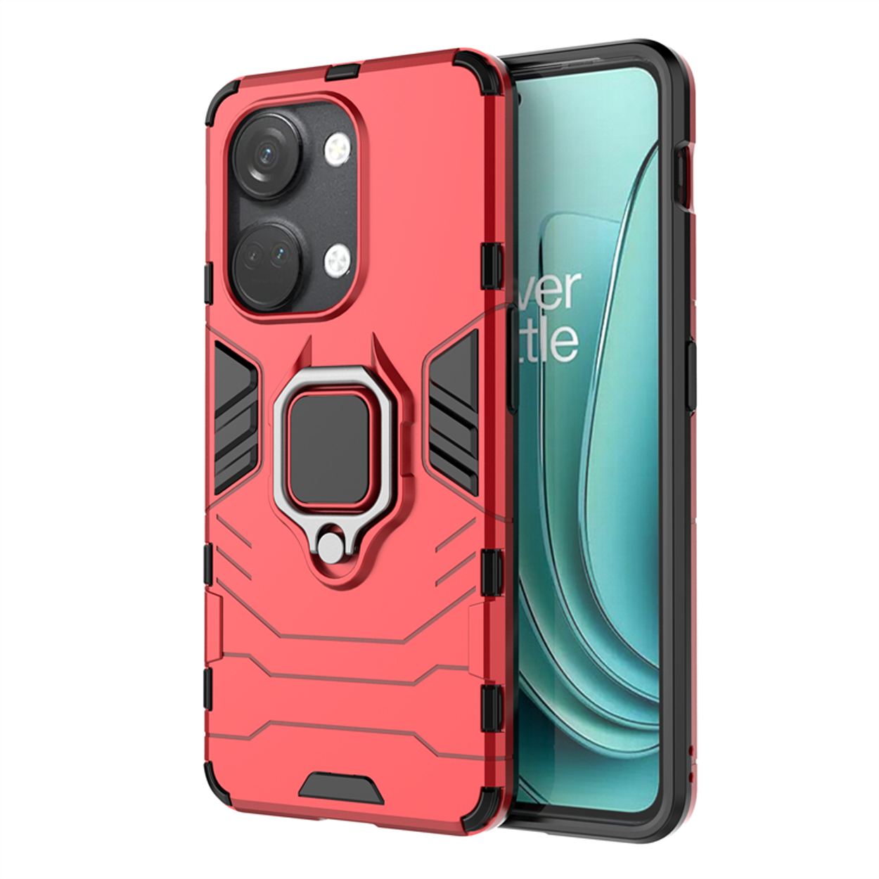 Coque de téléphone rouge avec des accents noirs, un support de bague et un téléphone à écran vert.