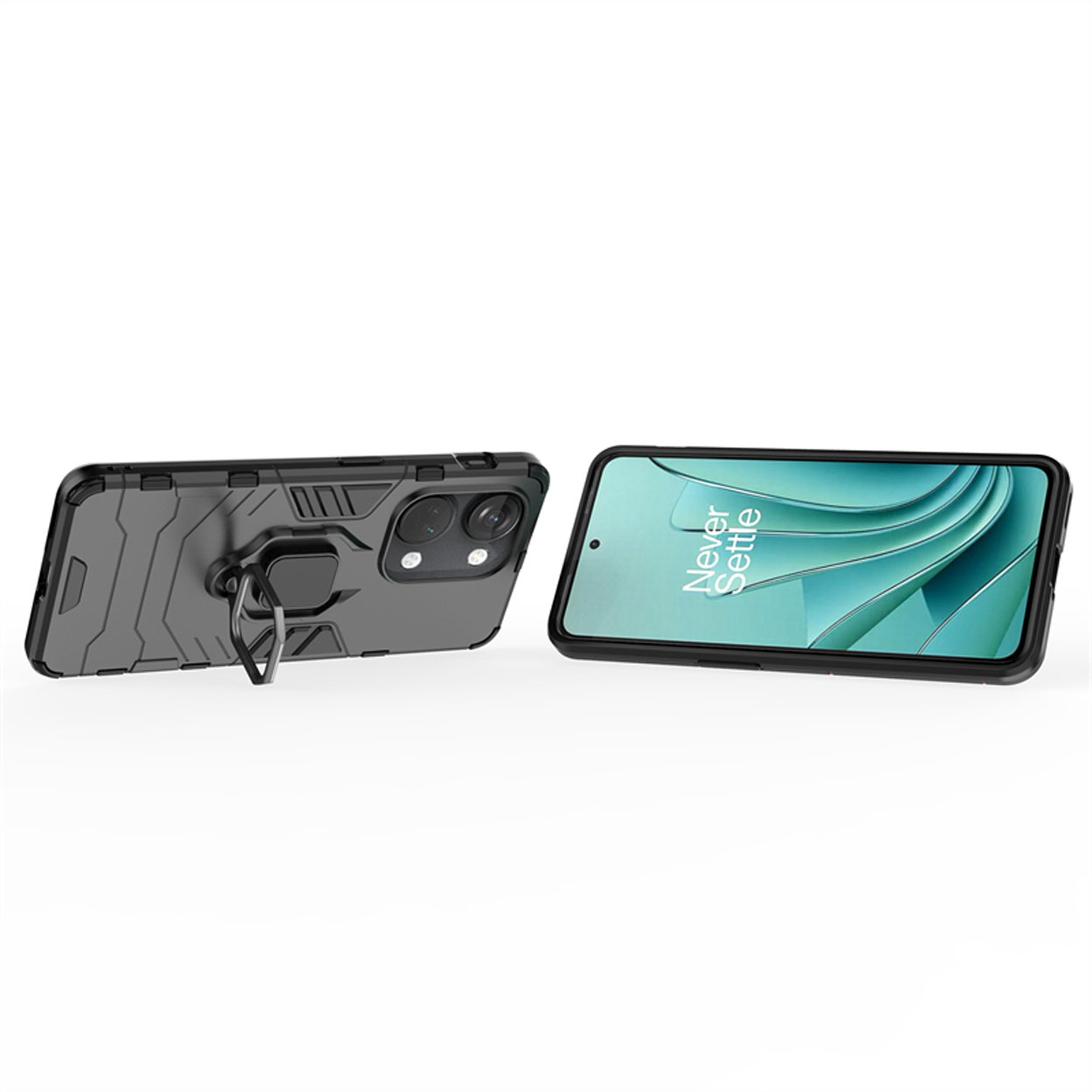 Twee telefoons, een in een zwarte hoes met ring, de andere met het Never Settle logo.