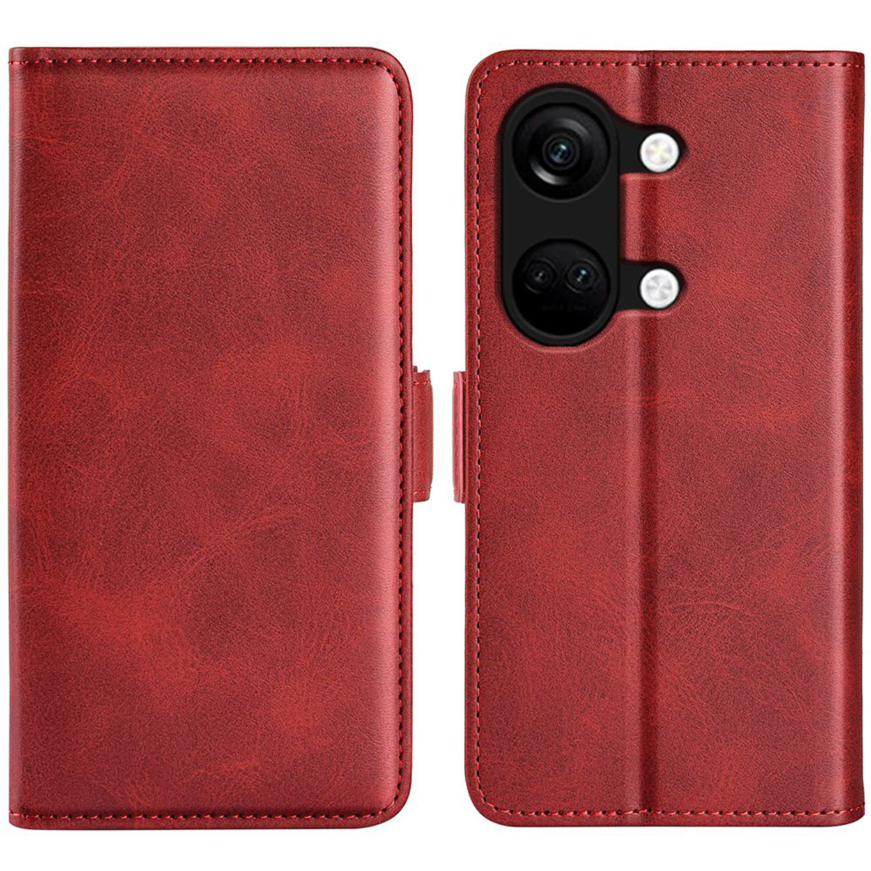 Étui de téléphone rouge. Style ouvert avec fermeture magnétique. Intérieur rouge foncé.