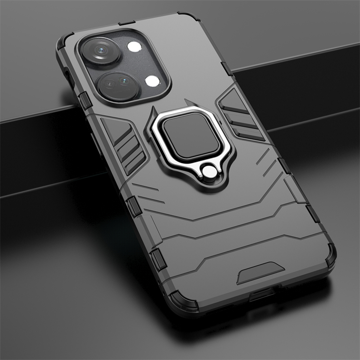Grijze telefoonhoes met een ringhouder. Schuine weergave, de achterkant van de telefoon.