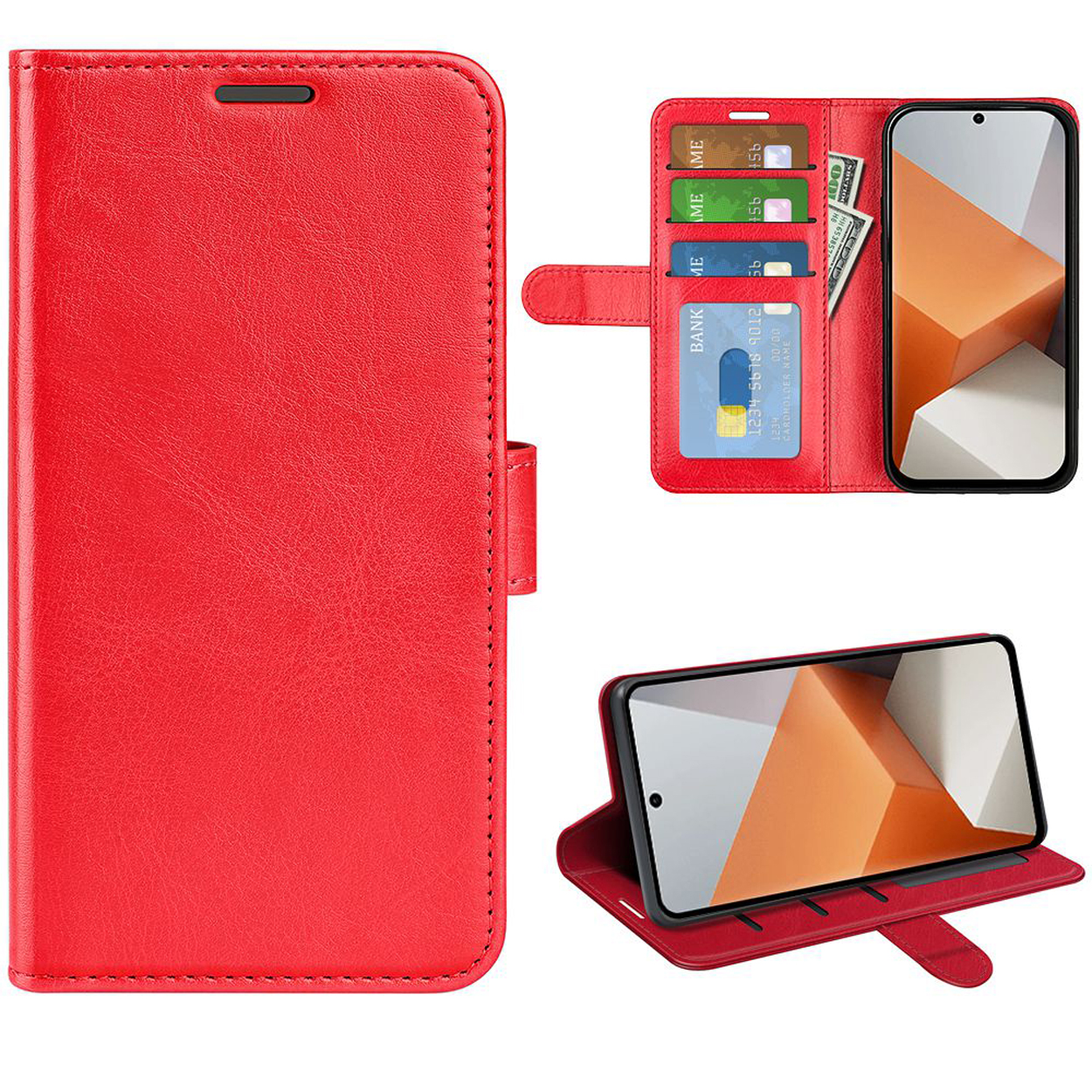 Un étui de téléphone rouge ouvert, affichant un téléphone et des fentes pour cartes, avec une fonction de support supplémentaire.