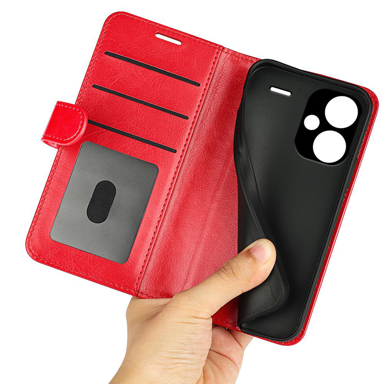 Une main tenant un étui de téléphone rouge ouvert. L'étui montre un téléphone et des fentes pour cartes. Une fermeture rouge est visible.