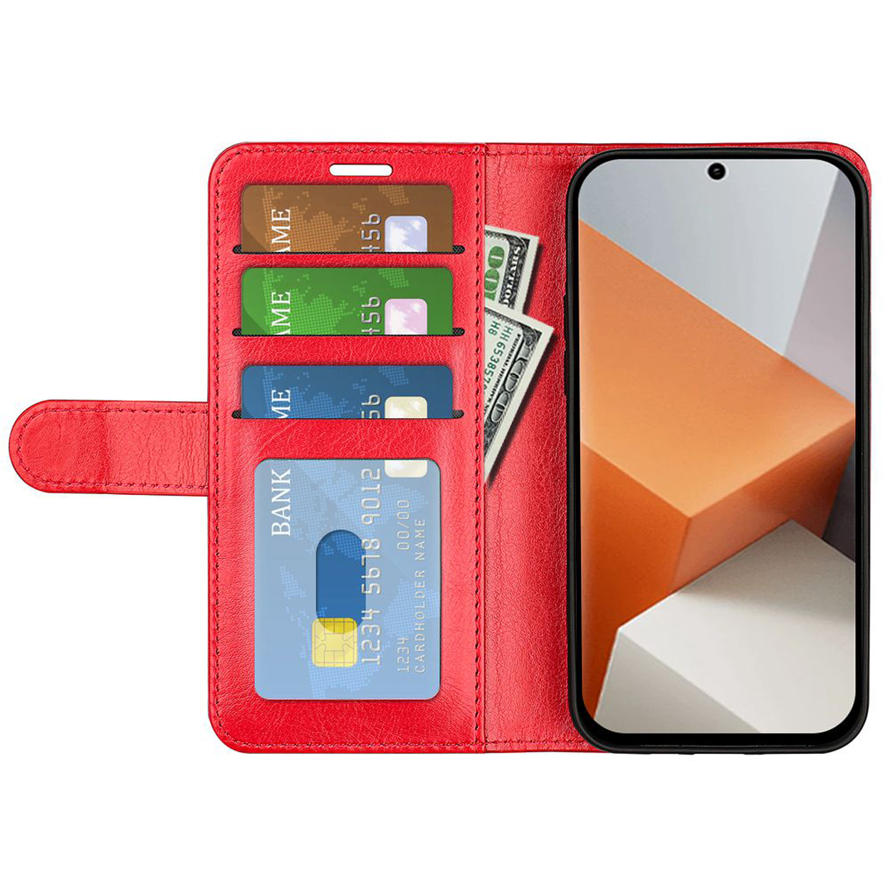 Étui de téléphone rouge ouvert avec cartes, argent et un téléphone affichant un fond orange.
