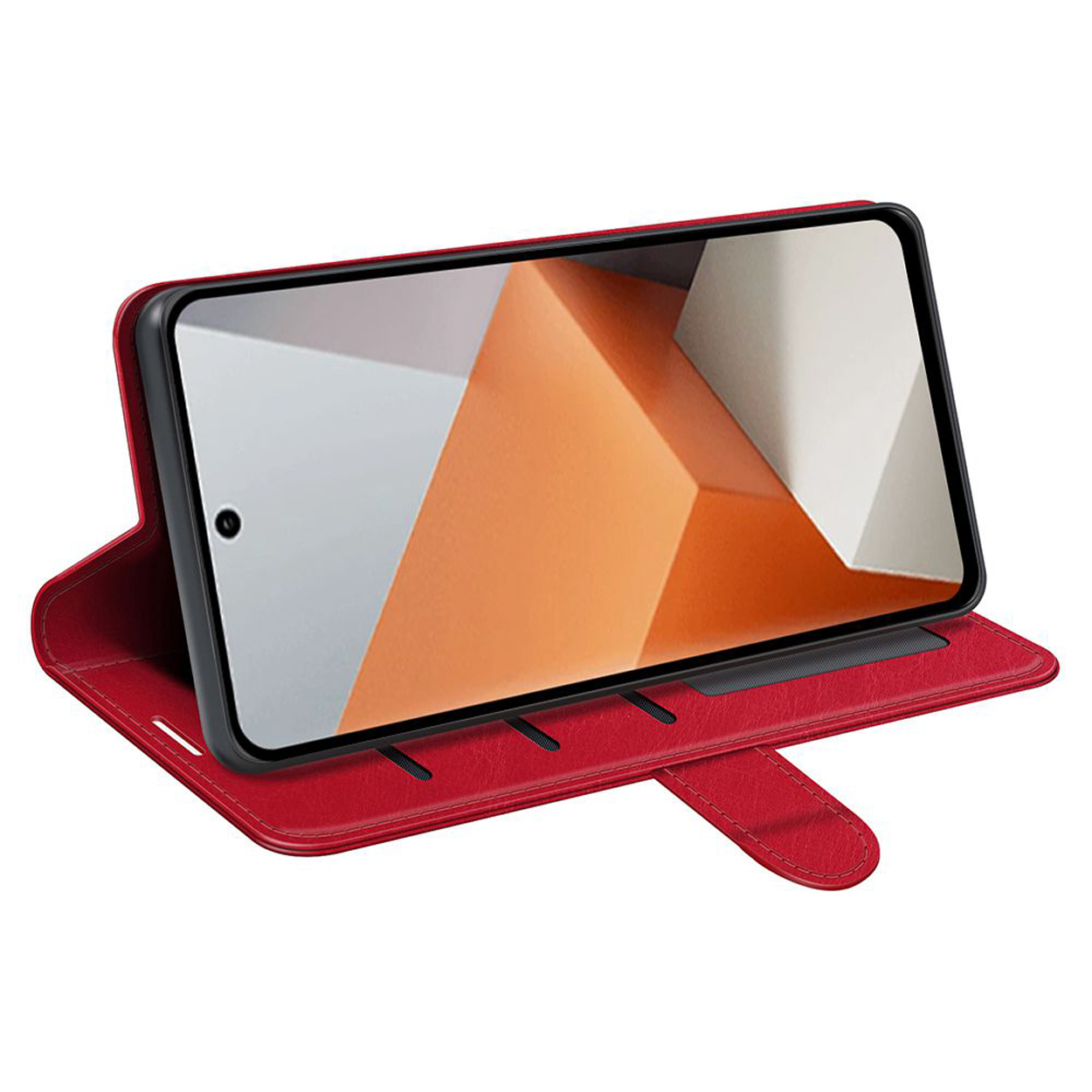 Un étui de téléphone rouge de style portefeuille, ouvert avec un smartphone à l'intérieur, montrant un écran orange.