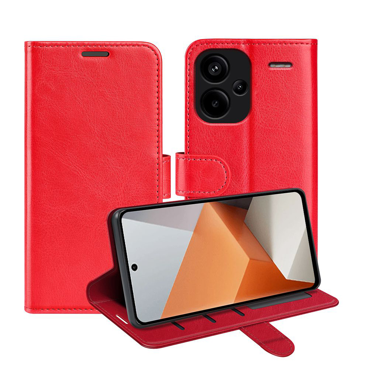 Coque de téléphone rouge, ouverte. Téléphone à l'intérieur. Fond blanc.