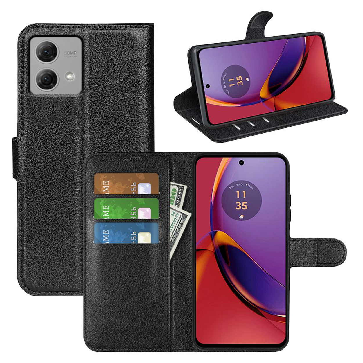 Étui de téléphone noir. Téléphone dedans, cartes et espèces à l'intérieur du portefeuille.