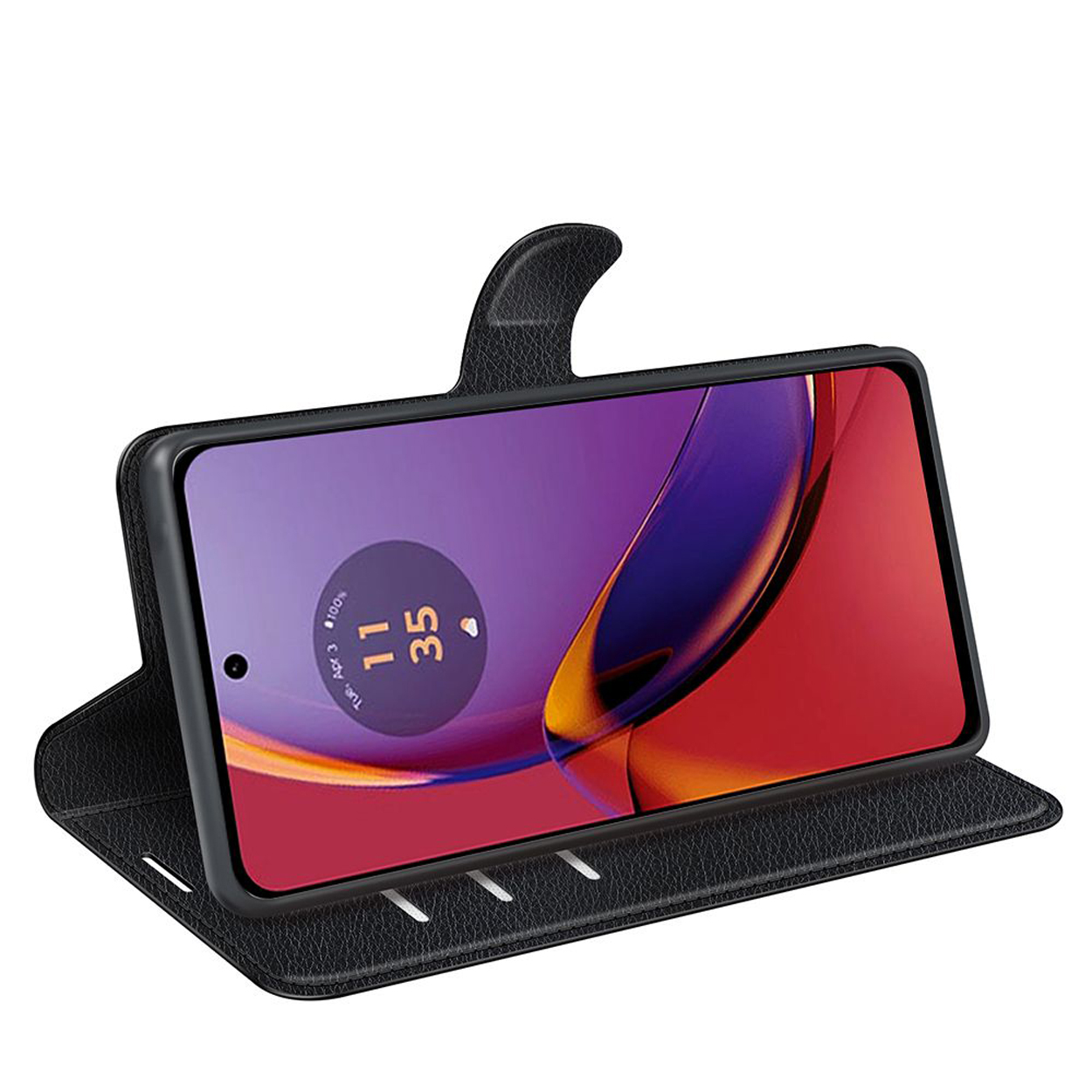 Étui de téléphone noir ouvert, avec un téléphone affichant l'heure et la date.