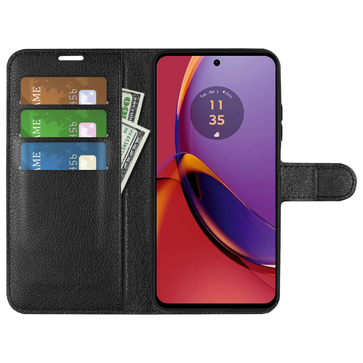 Un étui de téléphone noir avec cartes, espèces et un téléphone affichant l'heure. Le fond est blanc.