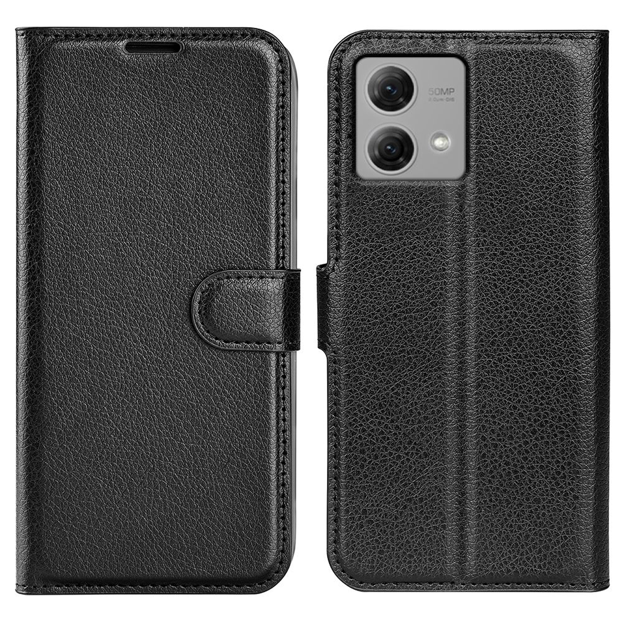 Étui de téléphone noir. Style ouvert avec fermeture magnétique. Découpe pour la caméra.