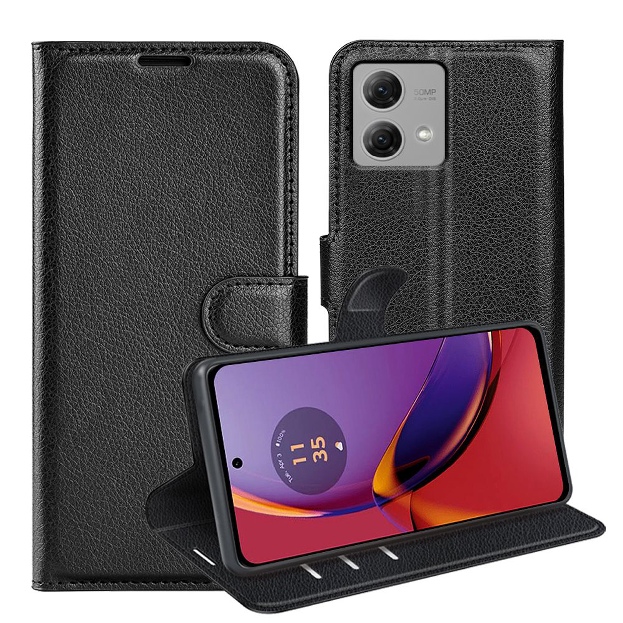 Un étui de téléphone noir ouvert. Un téléphone est affiché avec un écran coloré indiquant l'heure et la date.