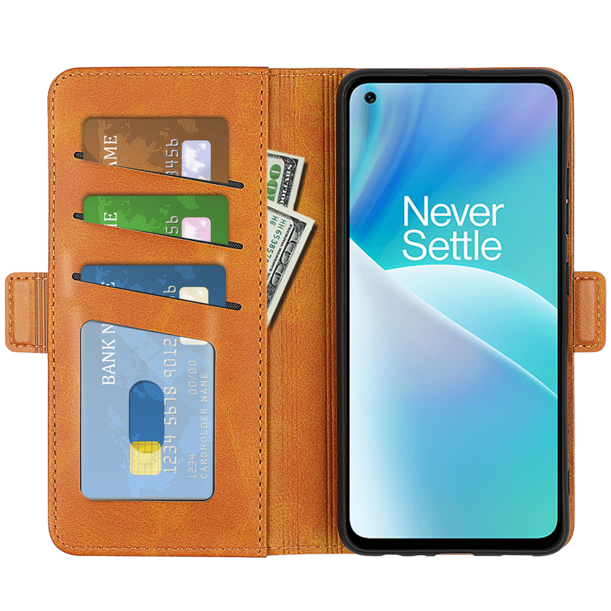 Étui en cuir marron ouvert avec téléphone, cartes et argent visibles, écran "Never Settle".