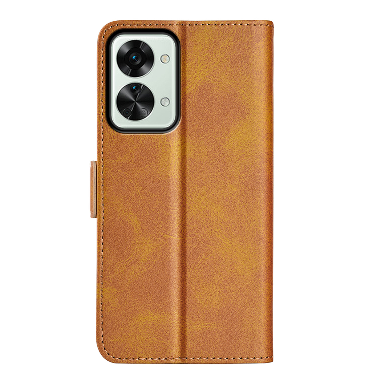 Étui de téléphone en cuir marron, ouvert. Téléphone visible. Découpe de caméra au dos.