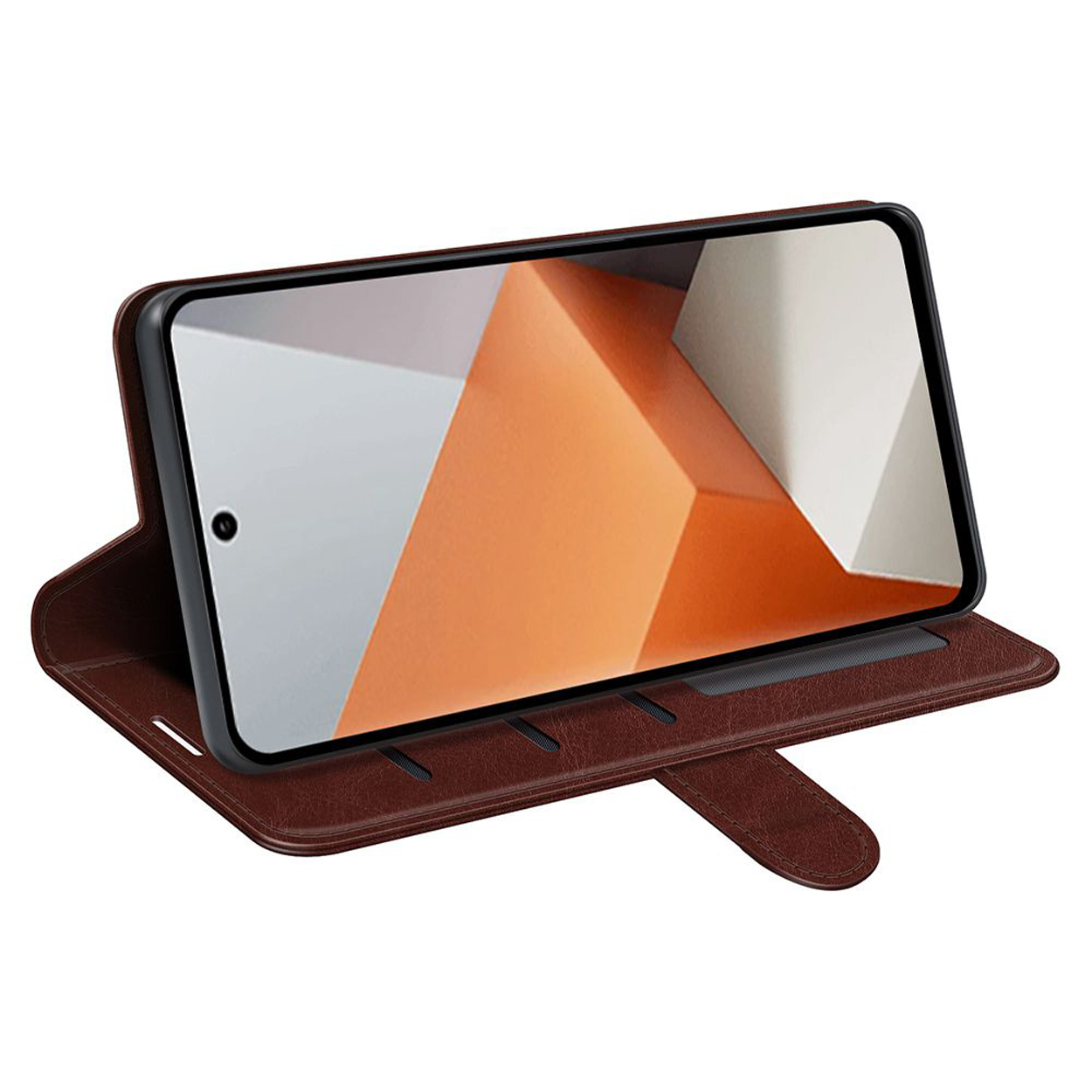 Een bruine telefoonhoes met een telefoon erin. Het scherm van de telefoon toont een oranje geometrisch ontwerp.