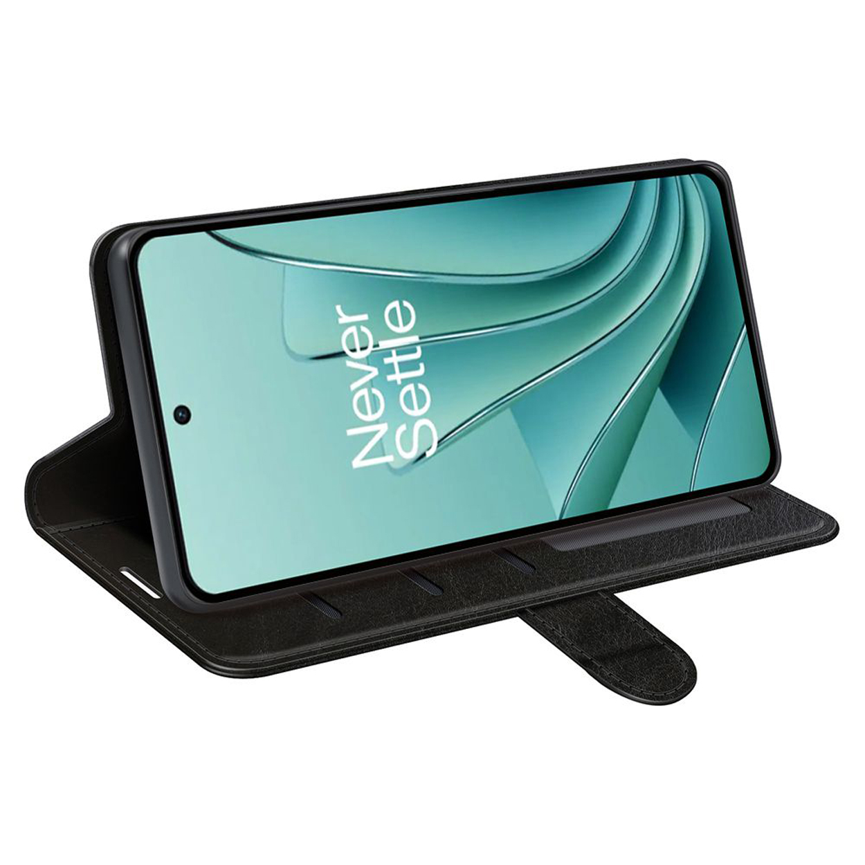 Zwarte telefoonhoes open, met een telefoon met "Never Settle" op het scherm. Open.