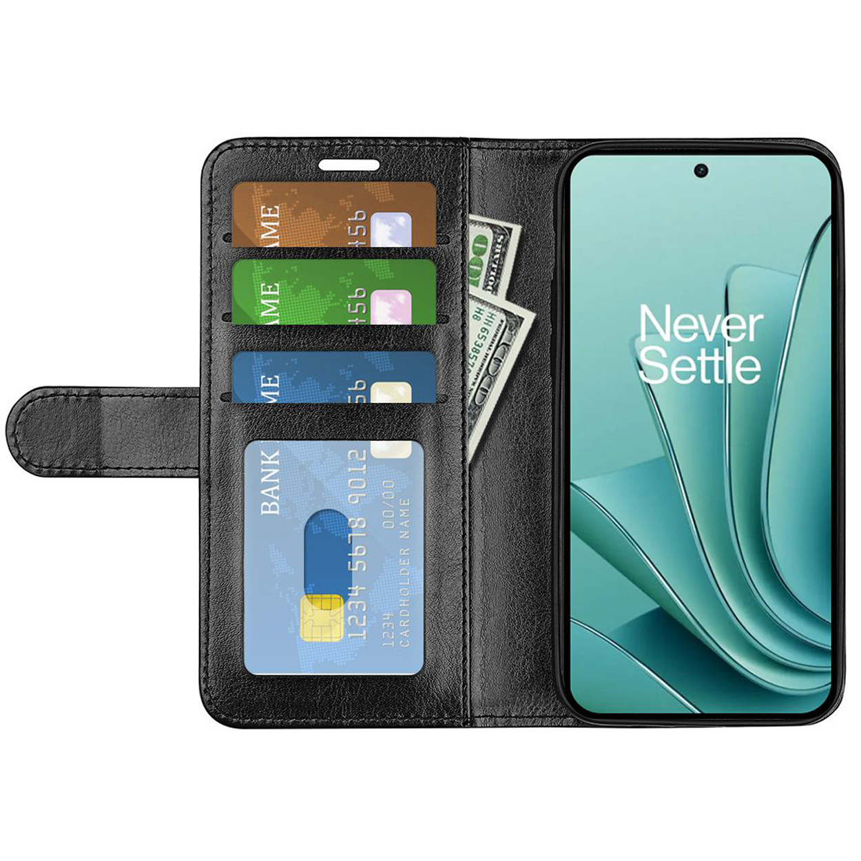 Zwarte leren telefoonhoes open met telefoon, kaarten en contant geld zichtbaar, "Never Settle" scherm.