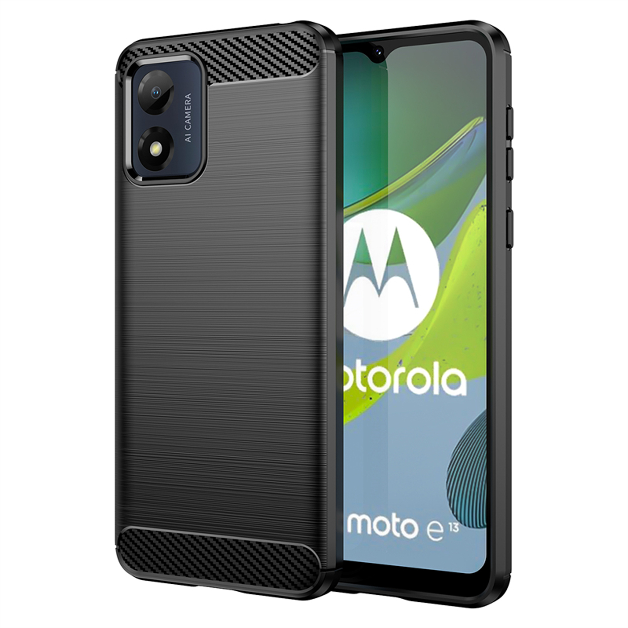 Zwarte telefoonhoes op een witte achtergrond. Telefoon met het Motorola-logo.