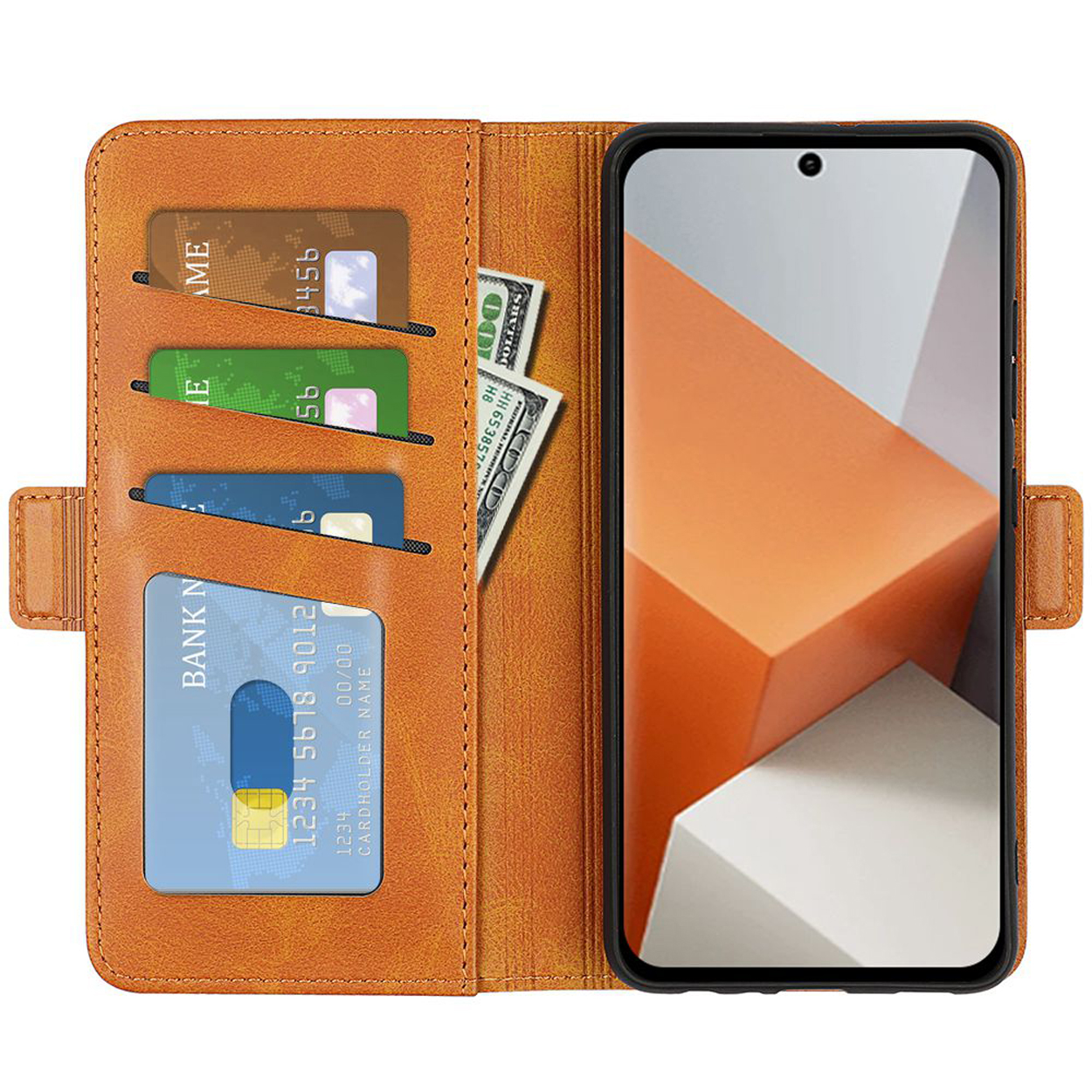 Open bruine telefoonhoes met kaarten, geld en een telefoon.