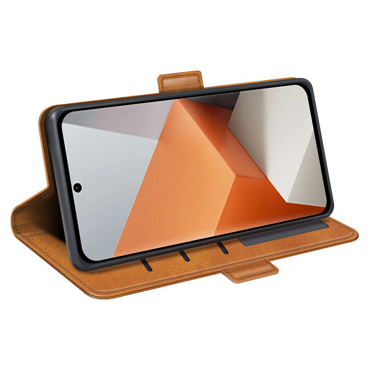 Een lichtbruine telefoonhoes met een telefoon erin, met een oranje geometrisch ontwerp op het scherm.