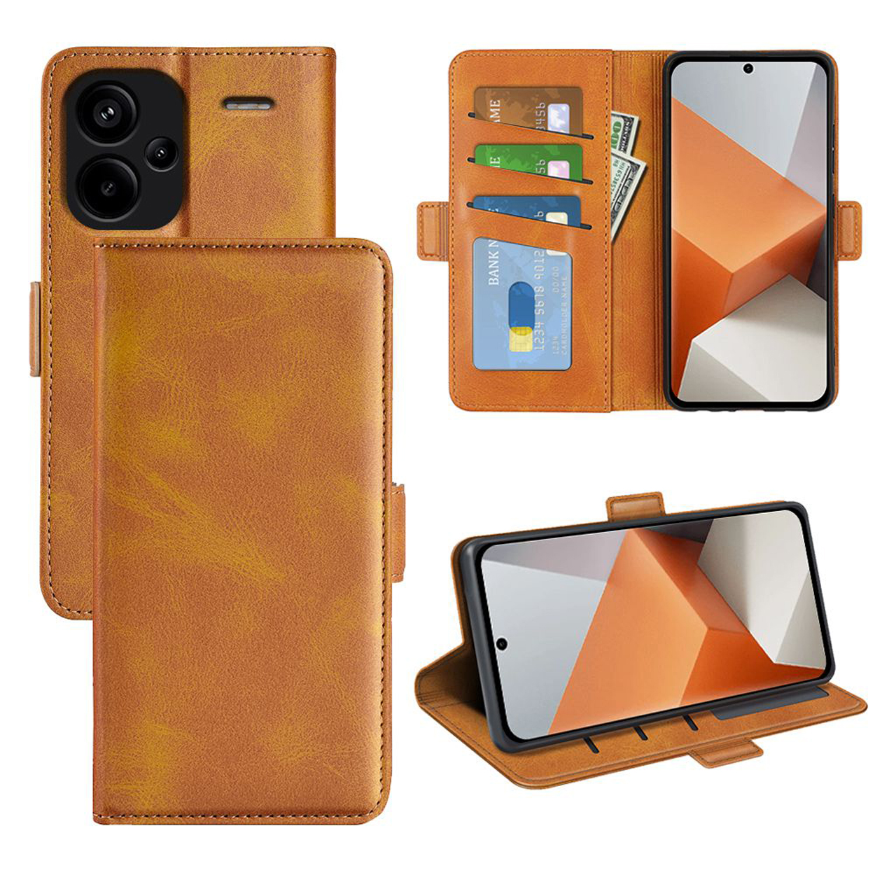 Een bruine telefoonhoes open met een telefoon erin, en nog twee weergaven. Het bevat kaarten en contant geld. De achtergrond is wit.