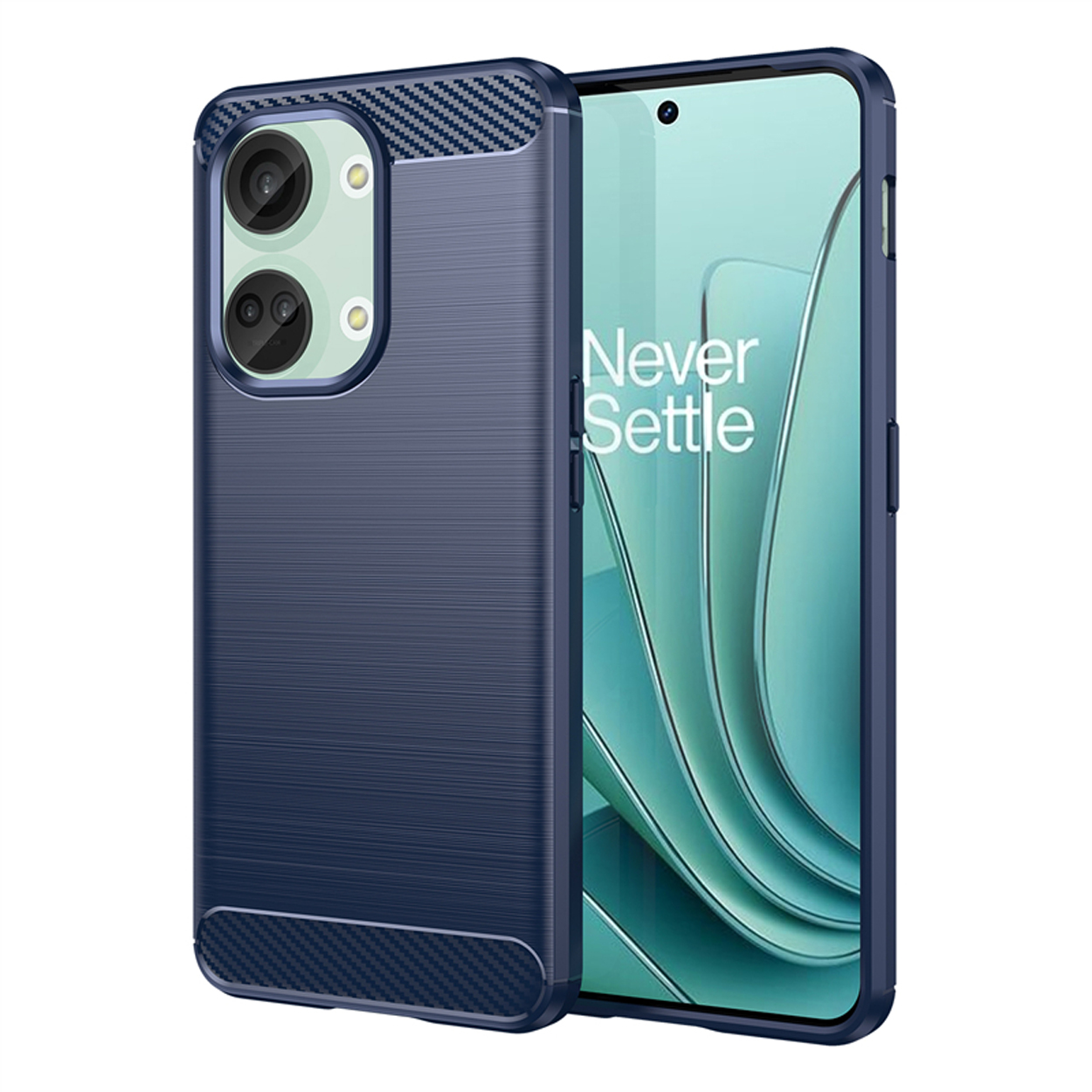 Een donkerblauwe telefoonhoes met een telefoon erin. Witte achtergrond.