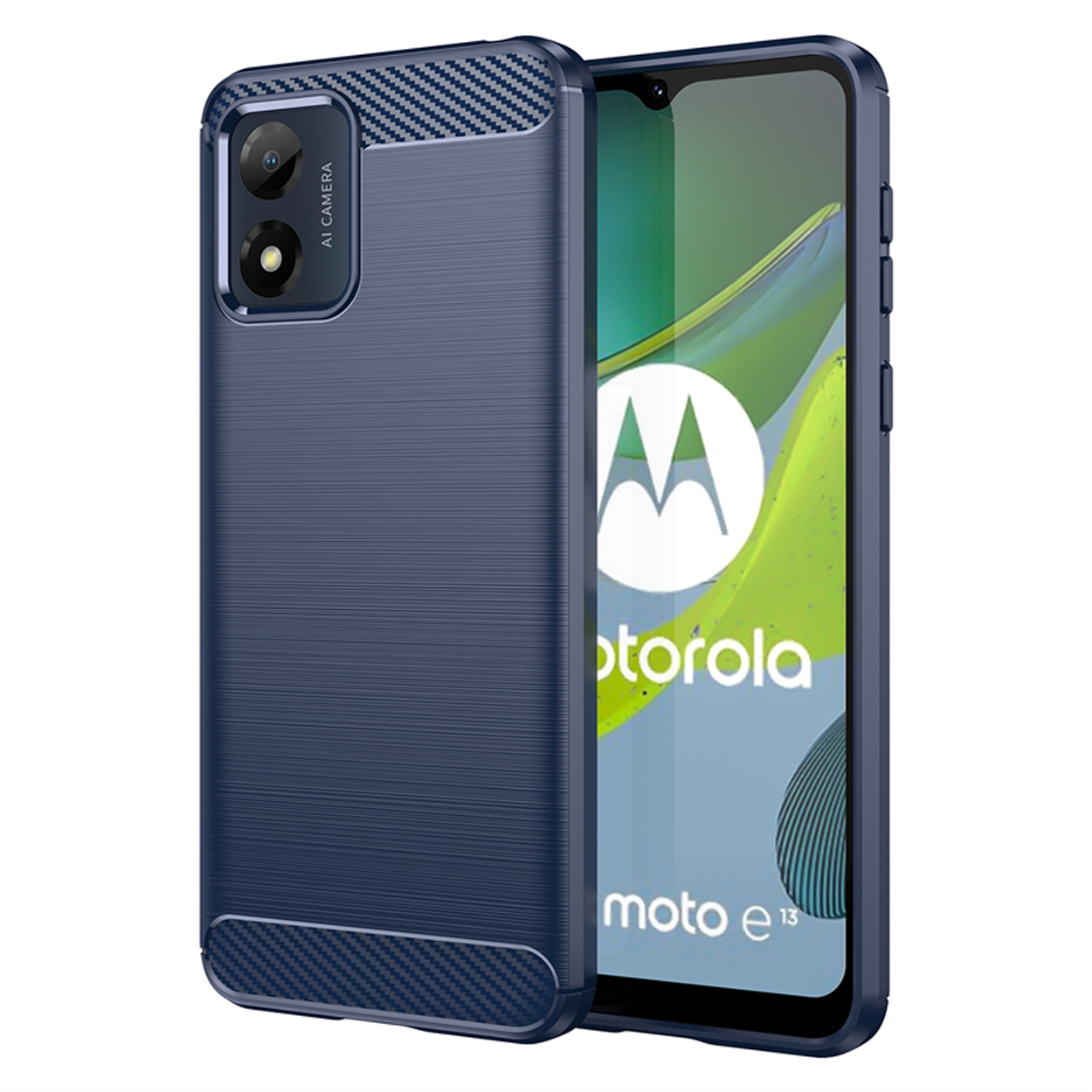 Een marineblauwe telefoonhoes met een textuurpatroon en een telefoon met een dubbele camera.