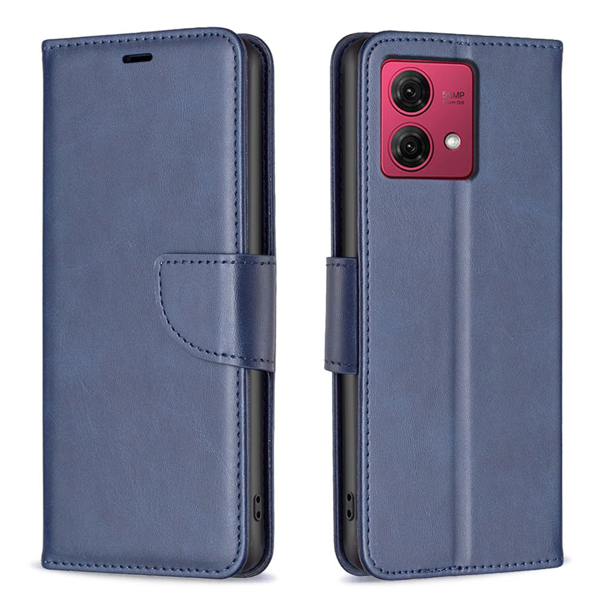 Blauwe telefoonhoes, open en dicht, met een roze cameragedeelte.