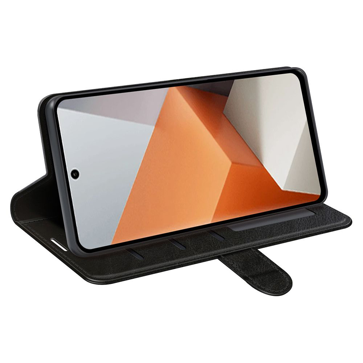 Téléphone noir dans un étui noir ouvert, incliné. Le téléphone affiche des formes géométriques orange. Sangle noire visible. Fond blanc.