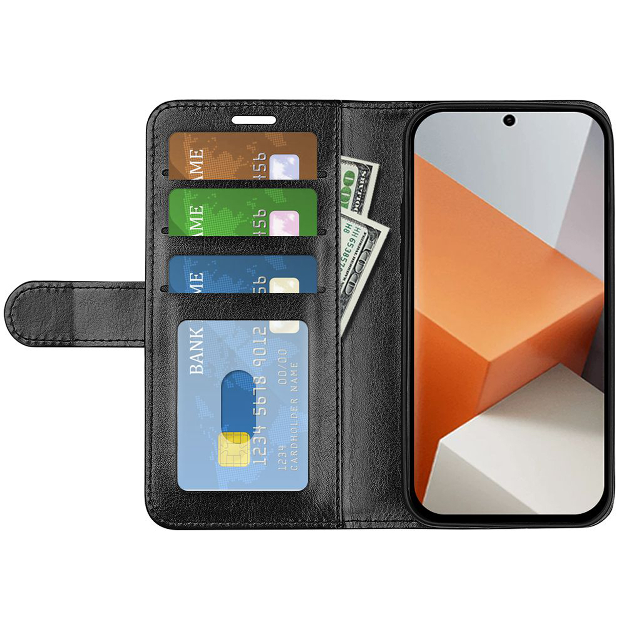 Coque de téléphone noire ouverte, avec cartes et argent. Téléphone montrant des formes orange et blanches.