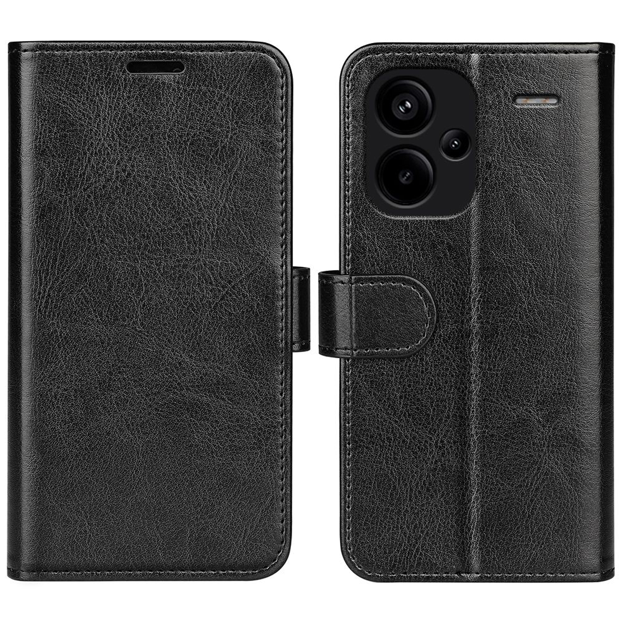 Étui de téléphone en cuir noir, ouvert, montrant le téléphone à l'intérieur.