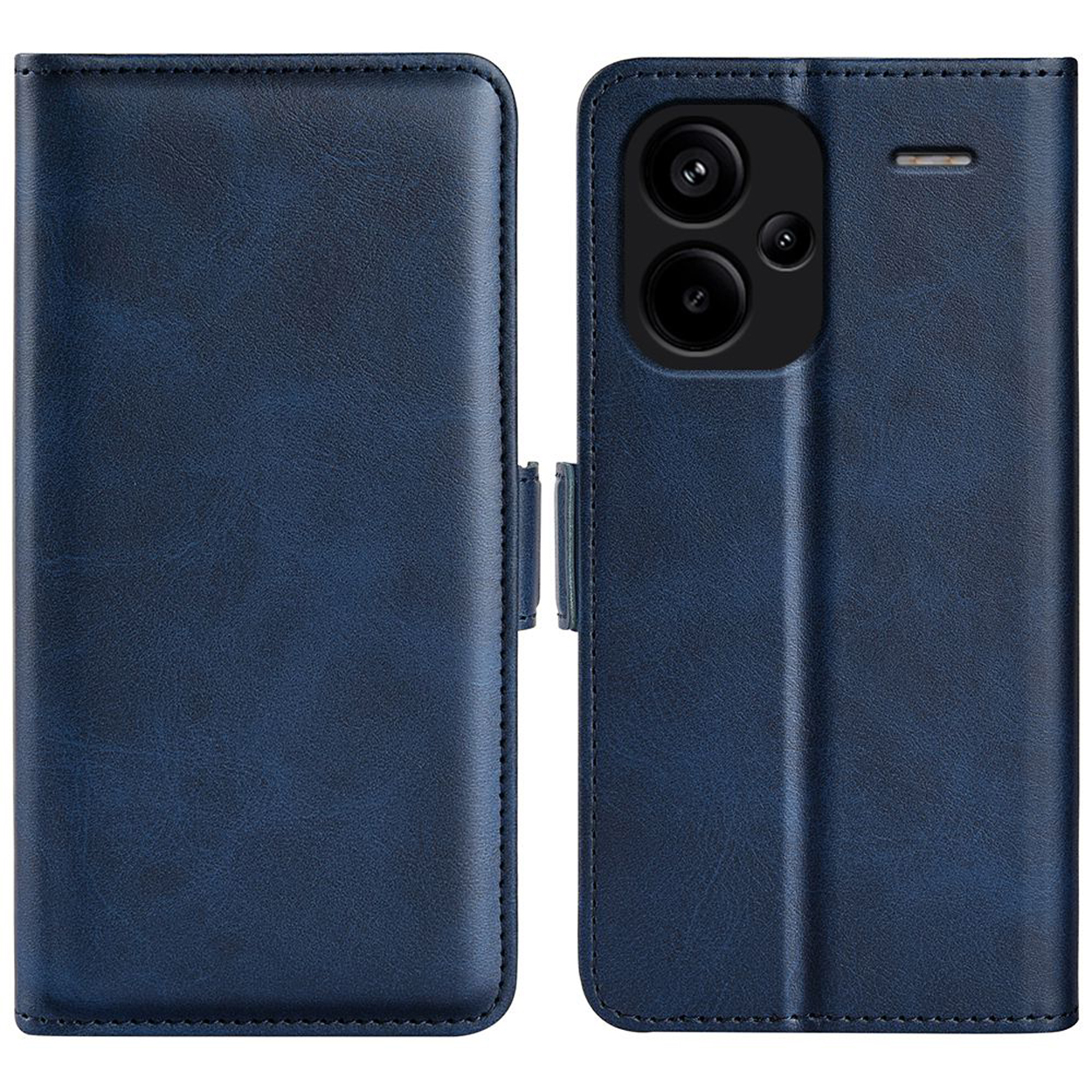 Blauw telefoonhoesje, open, met het camera-gedeelte van de telefoon. Met magneetsluiting.