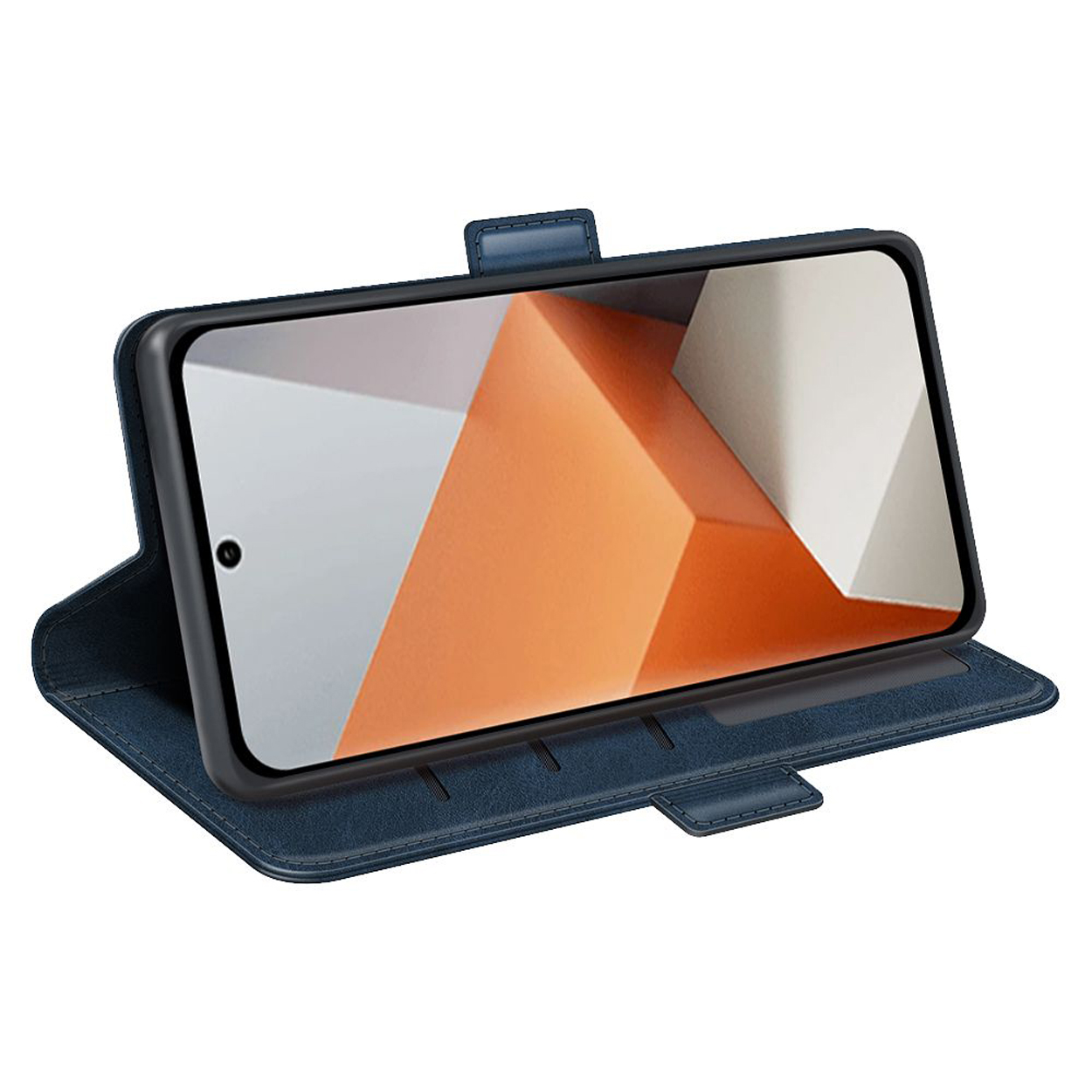 Blauwe telefoonhoes, open, met een telefoon erin die een oranje en wit scherm weergeeft.