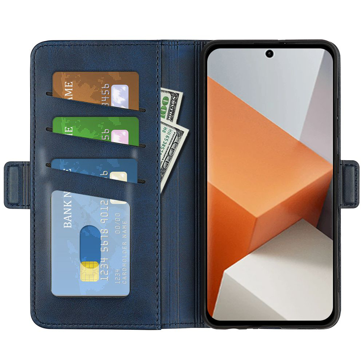 Blauwe telefoonhoes geopend, met kaarten, contanten en een telefoon met een oranje geometrische afbeelding.