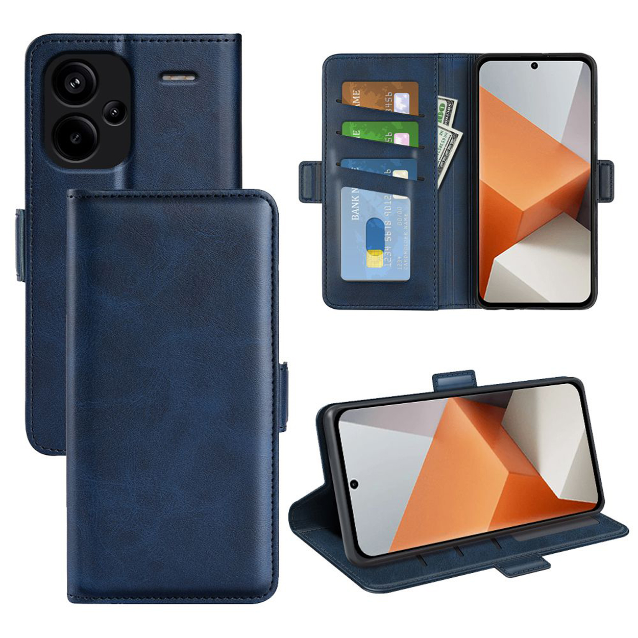 Open blauwe leren telefoonhoes met telefoon, kaarten en contant geld. Twee weergaven worden getoond.