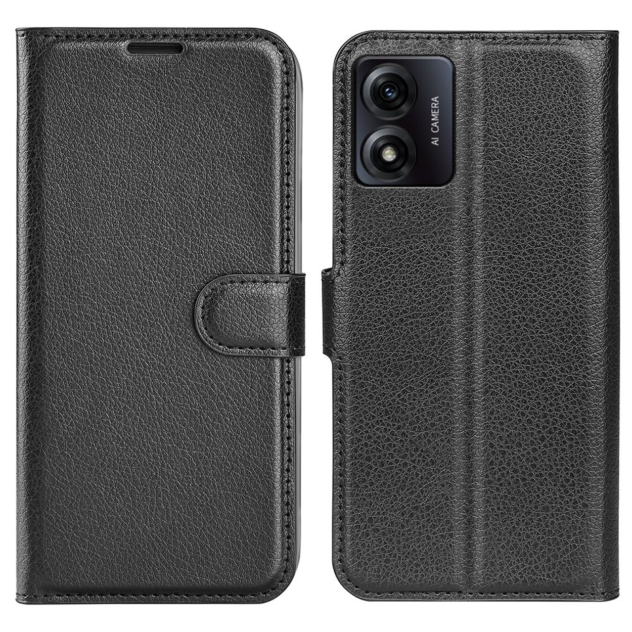 Étui de téléphone en cuir noir, fermé à gauche et ouvert à droite, montrant le téléphone.