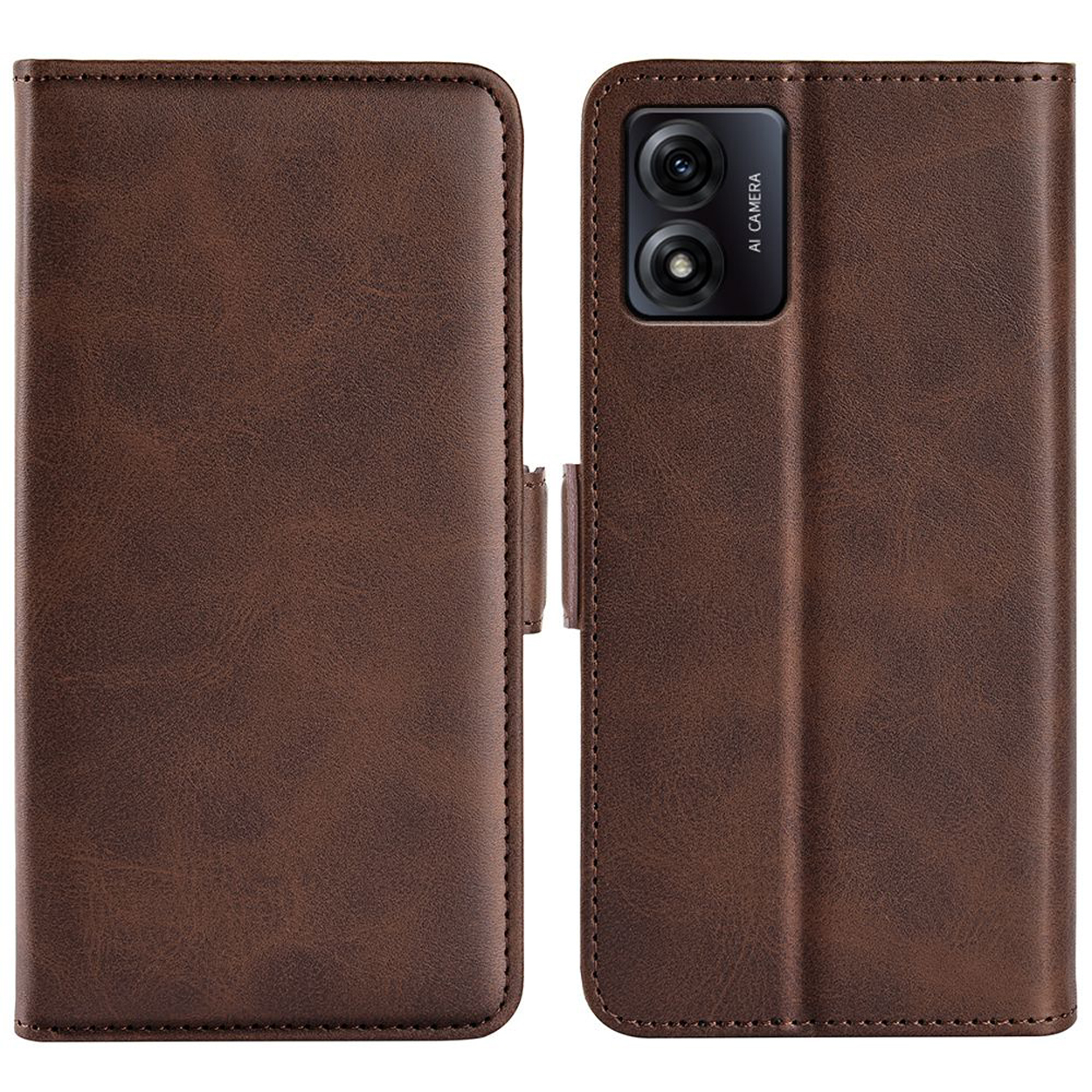 Un étui de téléphone marron de style portefeuille, ouvert avec un téléphone visible à l'intérieur.