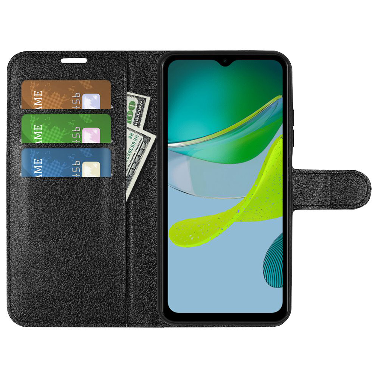 Étui de téléphone noir ouvert, affichant un téléphone, des cartes et de l'argent.
