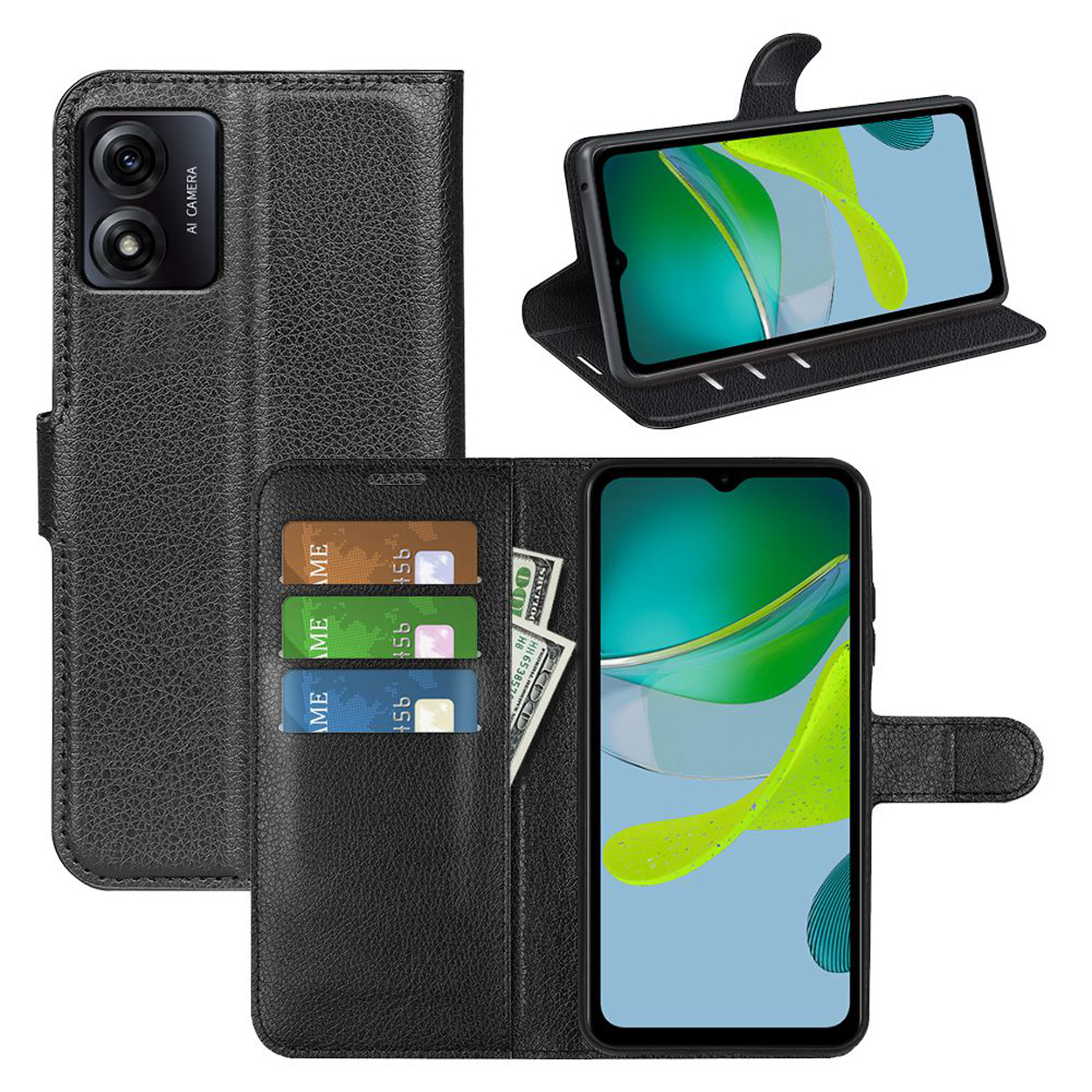 Étui de téléphone noir avec téléphone à l'intérieur. Cartes de crédit et argent visibles.