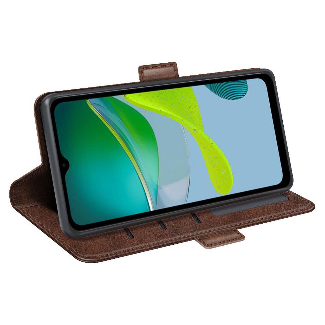 Étui de téléphone marron ouvert, affichant un téléphone avec un écran coloré.