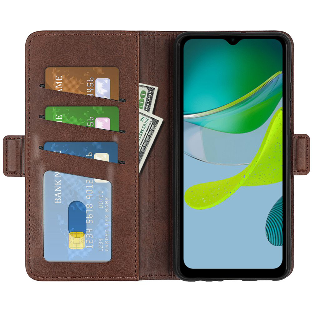 Étui de téléphone ouvert montrant téléphone, cartes et argent liquide. Extérieur en cuir marron. Le téléphone affiche des graphiques verts et bleus. Fond blanc.